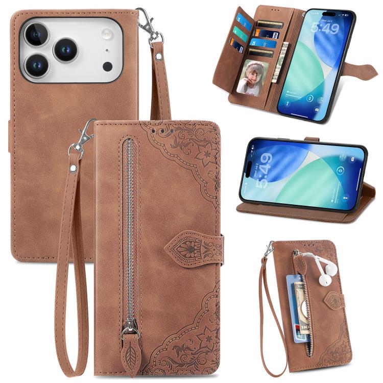For iPhone 17 Pro Embossed Flower Zipper Leather Phone Case(Brown)