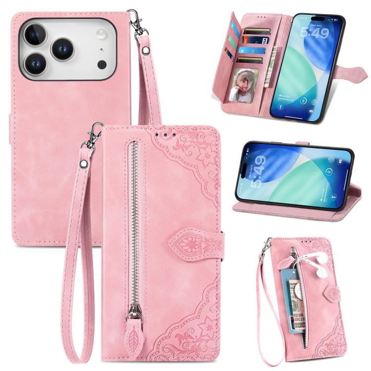 For iPhone 17 Pro Embossed Flower Zipper Leather Phone Case(Pink)