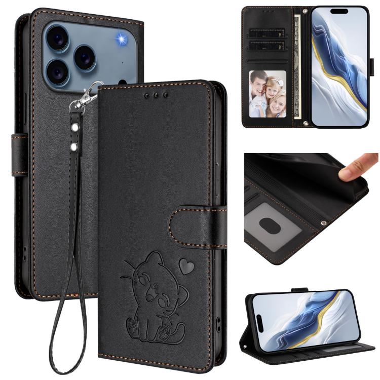 For iPhone 17 Pro Embossed Heart Cat Leather Phone Case with Hand Strap(Black)
