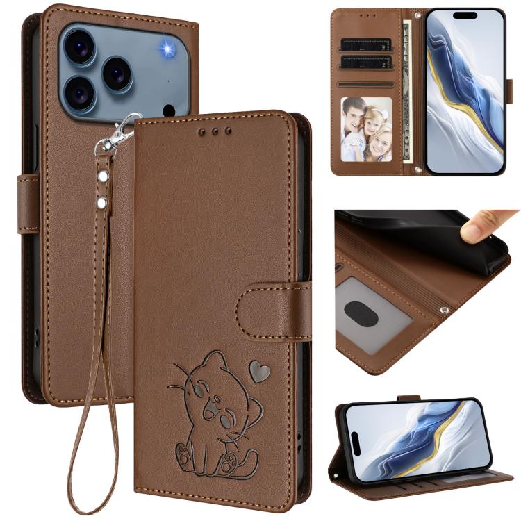 For iPhone 17 Pro Embossed Heart Cat Leather Phone Case with Hand Strap(Brown)