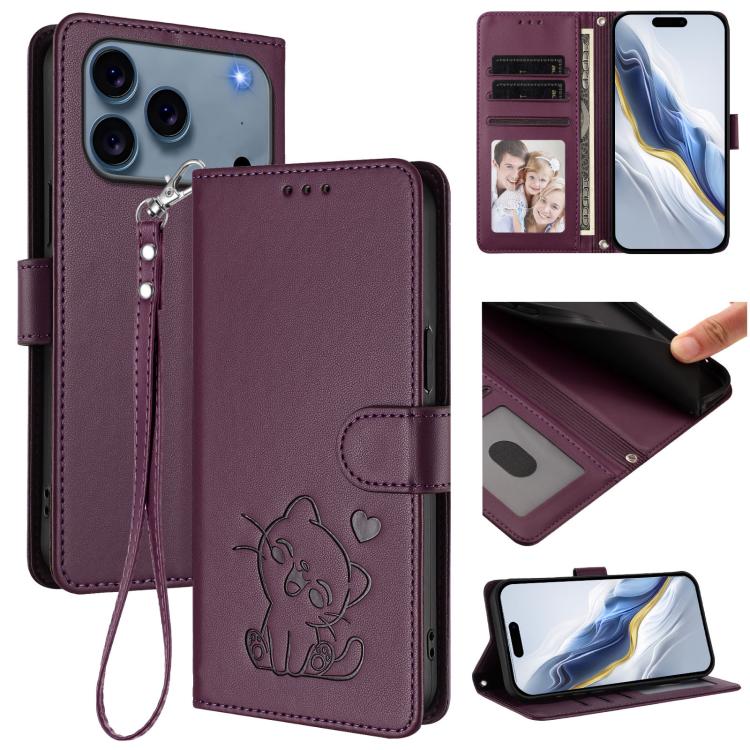 For iPhone 17 Pro Embossed Heart Cat Leather Phone Case with Hand Strap(Dark Purple)