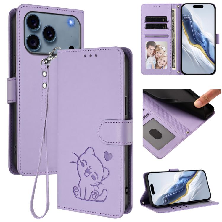 For iPhone 17 Pro Embossed Heart Cat Leather Phone Case with Hand Strap(Light Purple)
