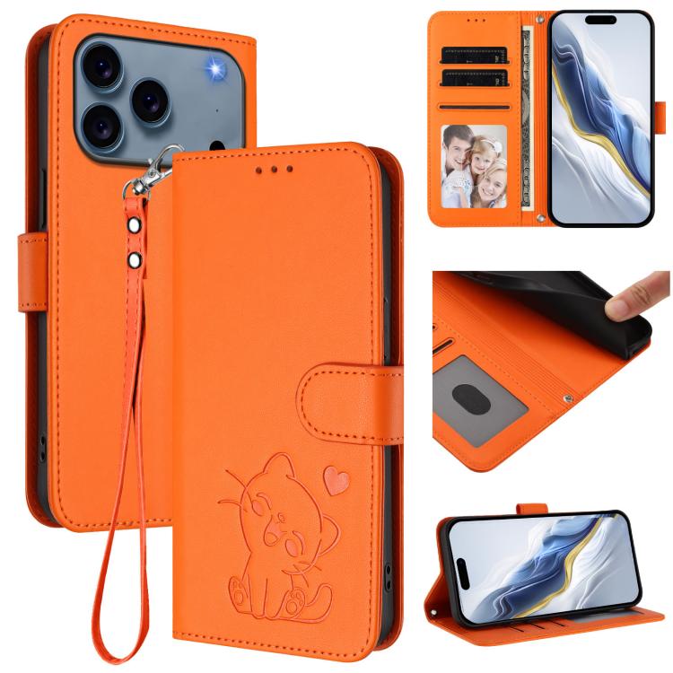 For iPhone 17 Pro Embossed Heart Cat Leather Phone Case with Hand Strap(Orange)