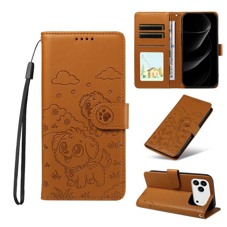 For iPhone 17 Pro Embossed Heart Dog RFID Blocking Wallet Leather Phone Case(Brown)