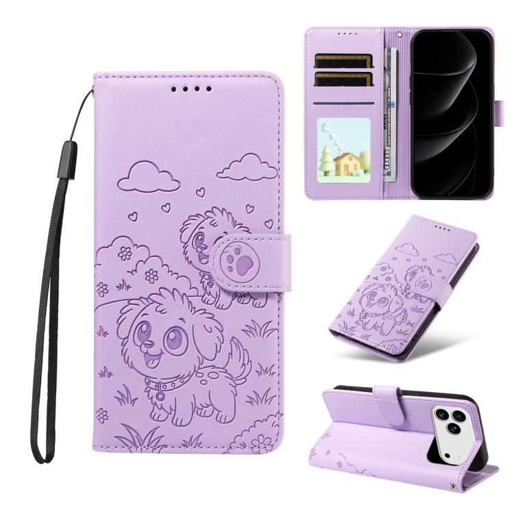 For iPhone 17 Pro Embossed Heart Dog RFID Blocking Wallet Leather Phone Case(Purple)