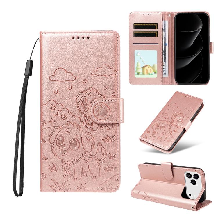 For iPhone 17 Pro Embossed Heart Dog RFID Blocking Wallet Leather Phone Case(Rose Gold)