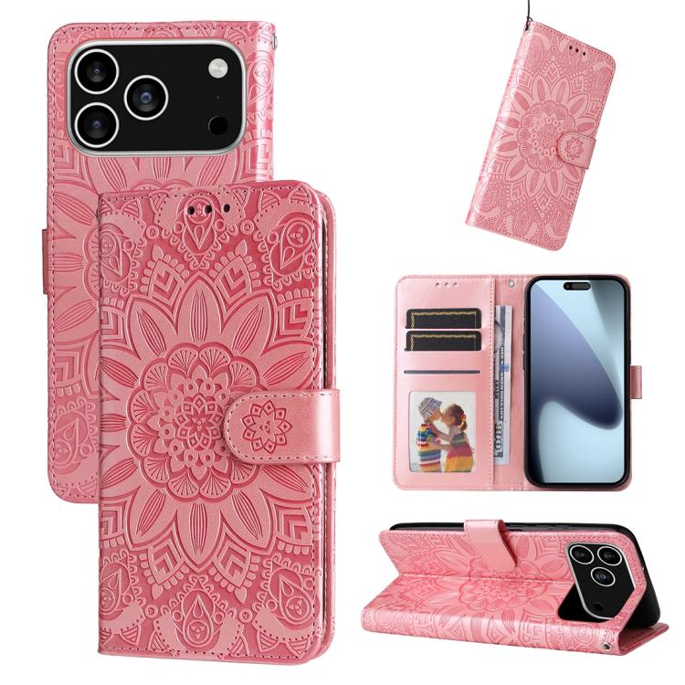 For iPhone 17 Pro Embossed Sunflower Leather Phone Case(Pink)
