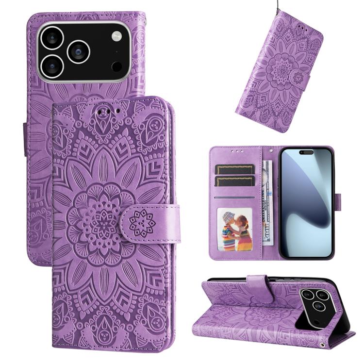 For iPhone 17 Pro Embossed Sunflower Leather Phone Case(Purple)