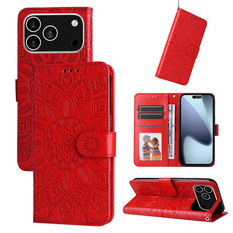 For iPhone 17 Pro Embossed Sunflower Leather Phone Case(Red)