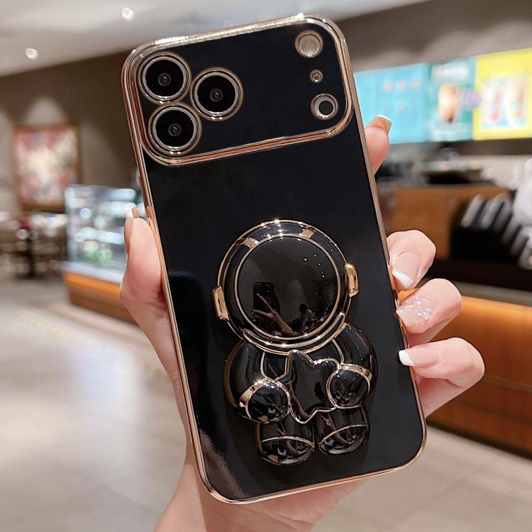 For iPhone 17 Pro Embrace Stars Electroplating Astronaut Holder Phone Case(Black)