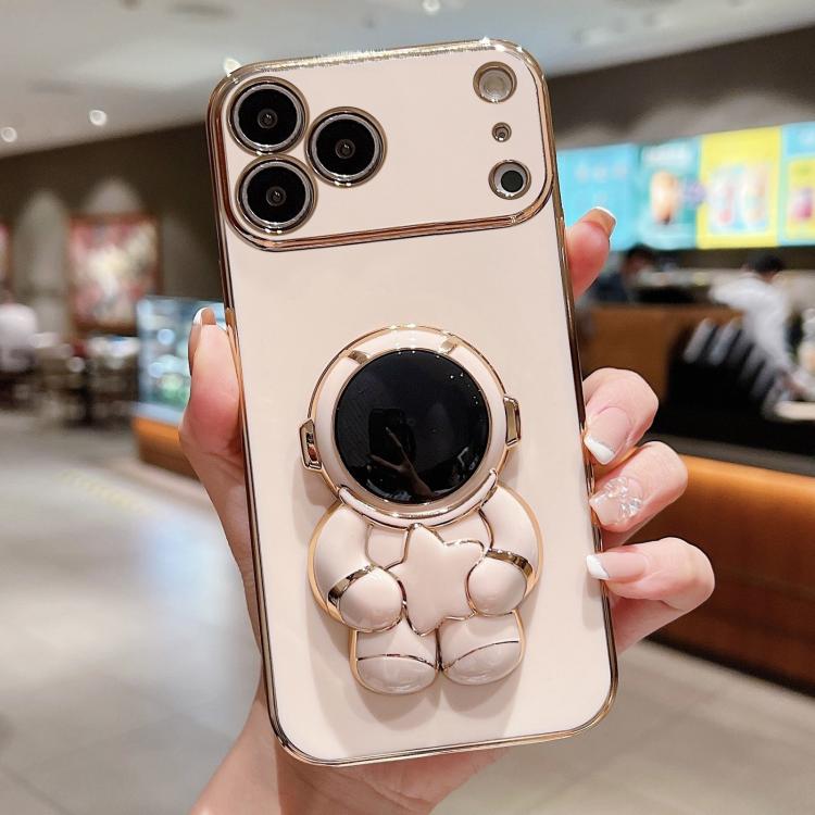 For iPhone 17 Pro Embrace Stars Electroplating Astronaut Holder Phone Case(Pink)