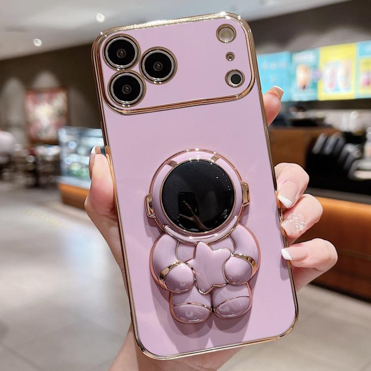 For iPhone 17 Pro Embrace Stars Electroplating Astronaut Holder Phone Case(Purple)