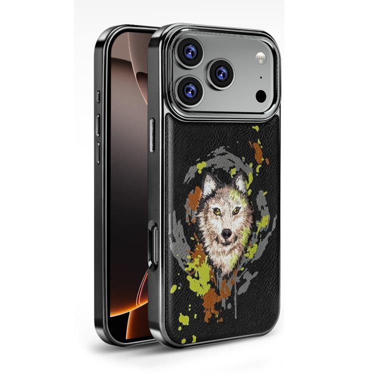 For iPhone 17 Pro Embroidered Graffiti Vegan Leather Shield Electroplated Magnetic Phone Case(Black)