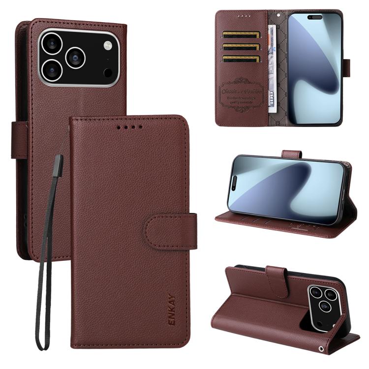 For iPhone 17 Pro ENKAY RFID Blocking Wallet Kickstand Litchi Texture Leather Phone Case(Brown)