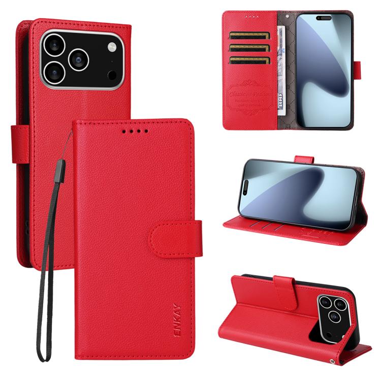 For iPhone 17 Pro ENKAY RFID Blocking Wallet Kickstand Litchi Texture Leather Phone Case(Red)