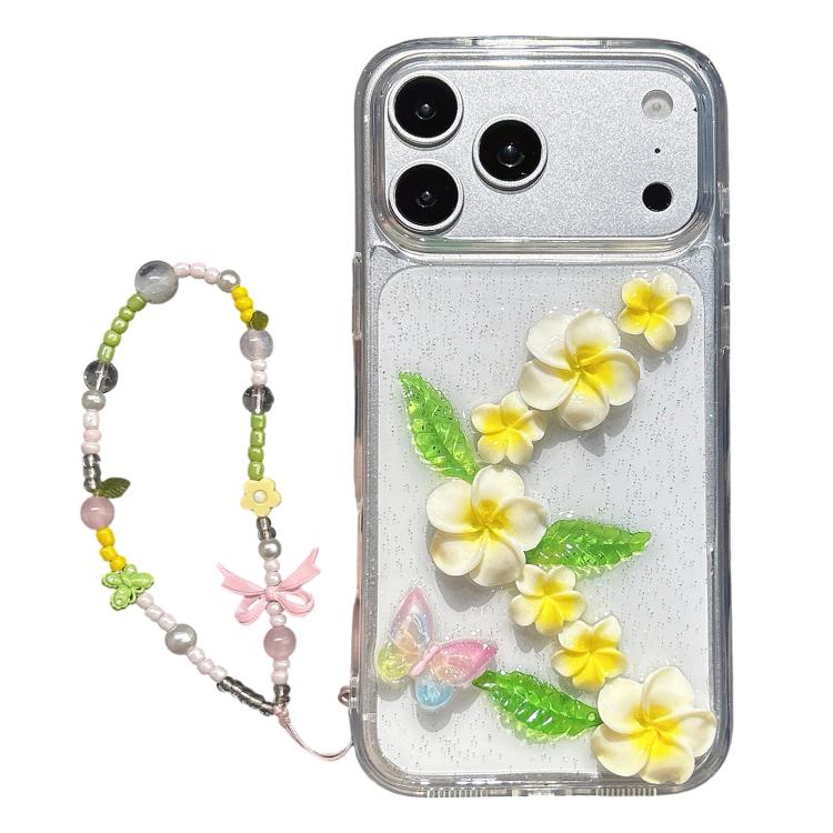 For iPhone 17 Pro Epoxy 3D Butterfly Plumeria Acrylic Phone Case with Wrist Chain(Transparent)