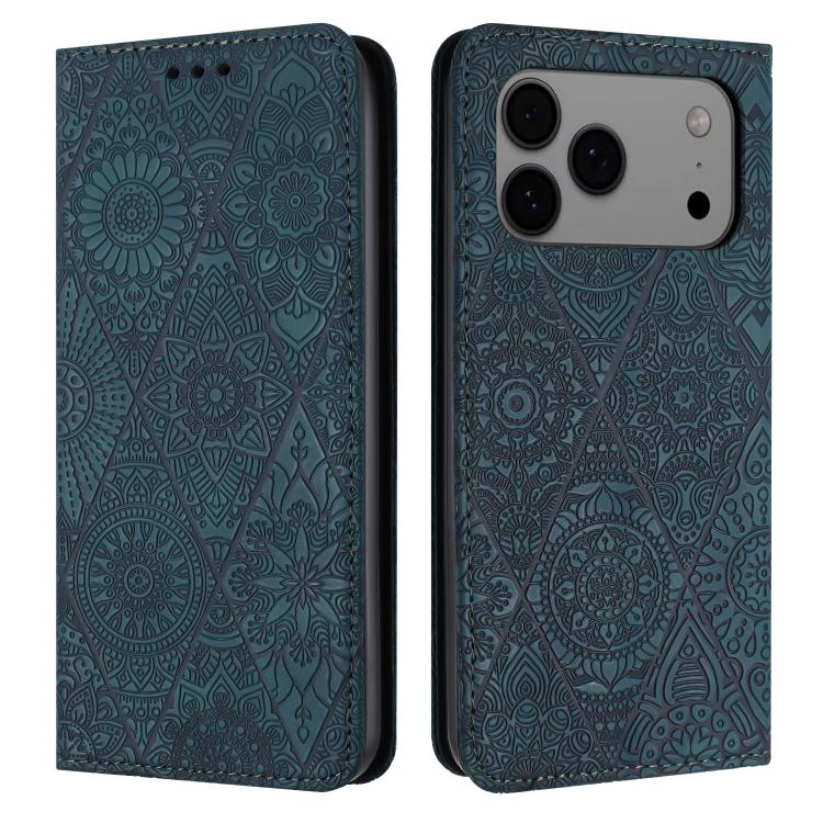 For iPhone 17 Pro Ethnic Embossed Adsorption Leather Phone Case(Blue)