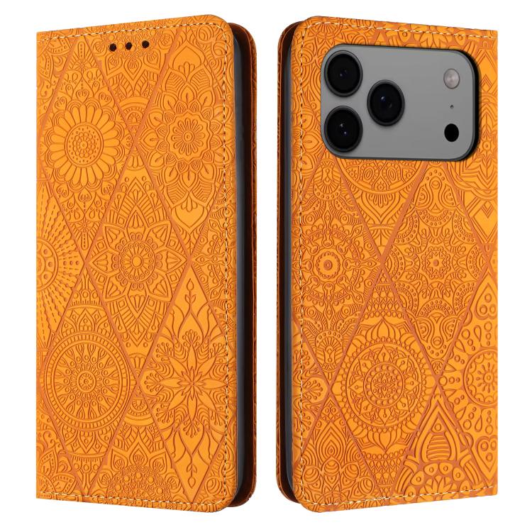 For iPhone 17 Pro Ethnic Embossed Adsorption Leather Phone Case(Yellow)