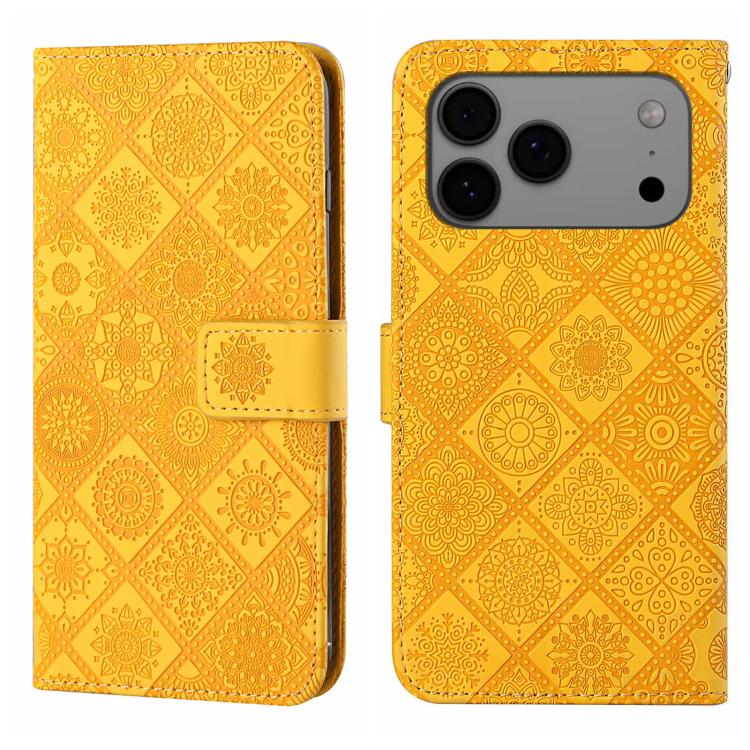 For iPhone 17 Pro Ethnic Style Embossed Pattern Leather Phone Case(Yellow)