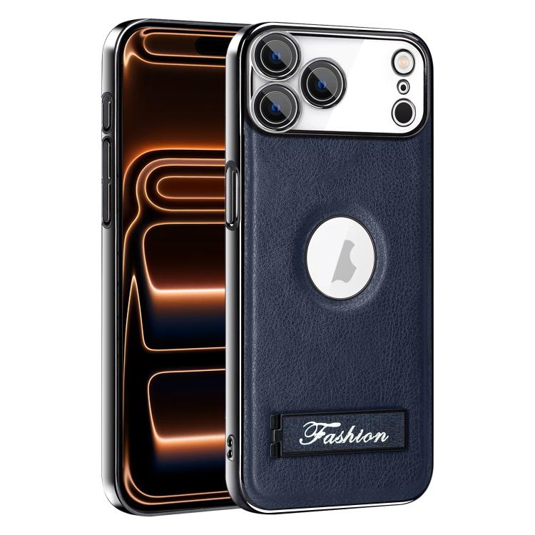 For iPhone 17 Pro Fashion Electroplated Fold Holder Shockproof Phone Case(Blue)