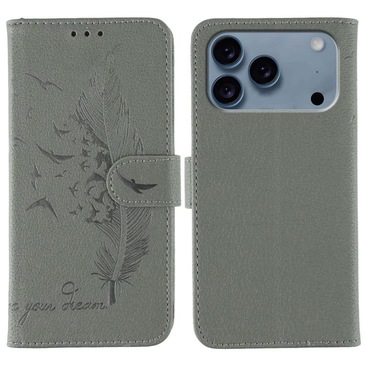 For iPhone 17 Pro Feather Pattern Litchi Texture Leather Phone Case(Gray)