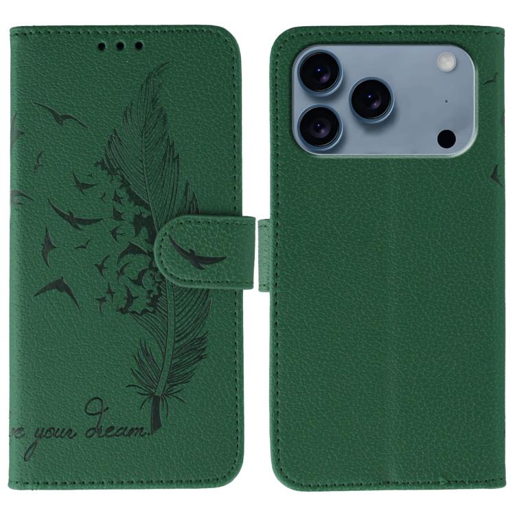 For iPhone 17 Pro Feather Pattern Litchi Texture Leather Phone Case(Green)
