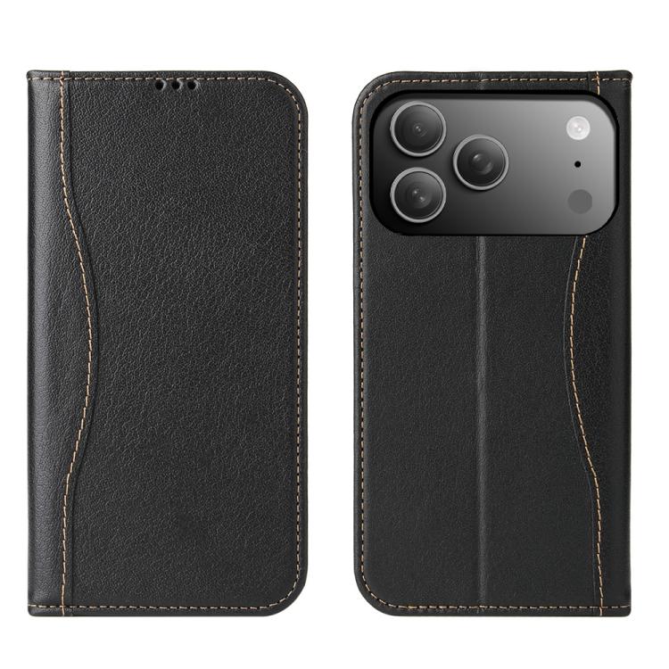 For iPhone 17 Pro Fierre Shann Cowhide Leather Flip Leather Phone Case(Black)