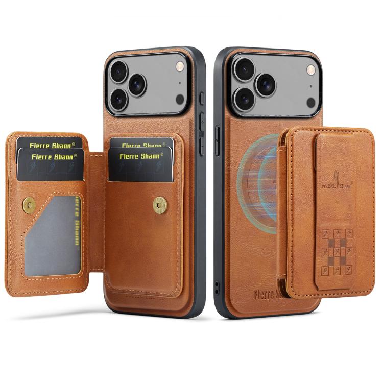 For iPhone 17 Pro Fierre Shann Oil Wax Cow Leather Card Holder Back Phone Case(Brown)