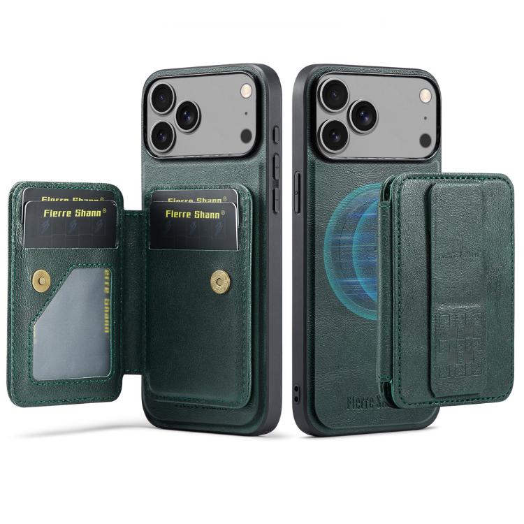 For iPhone 17 Pro Fierre Shann Oil Wax Cow Leather Card Holder Back Phone Case(Green)