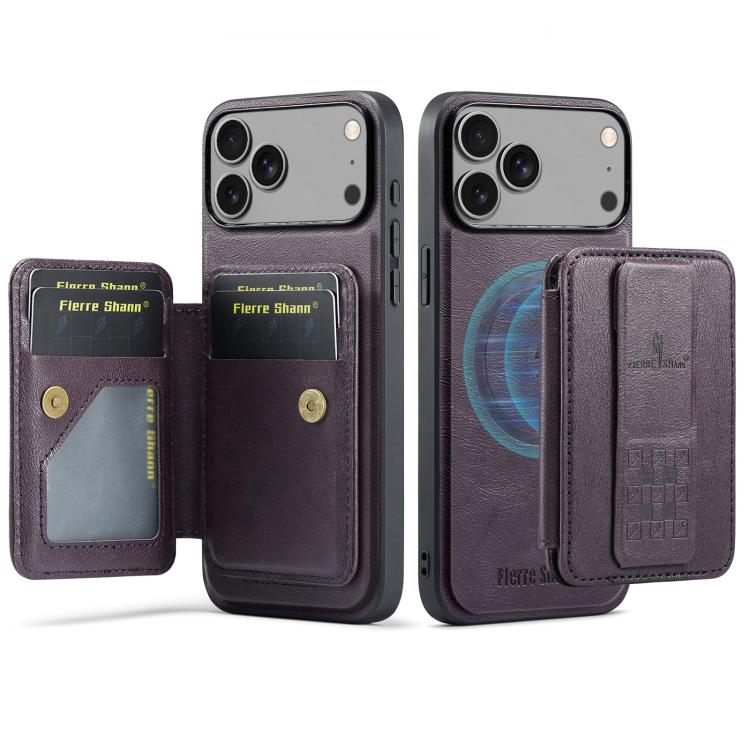 For iPhone 17 Pro Fierre Shann Oil Wax Cow Leather Card Holder Back Phone Case(Purple)