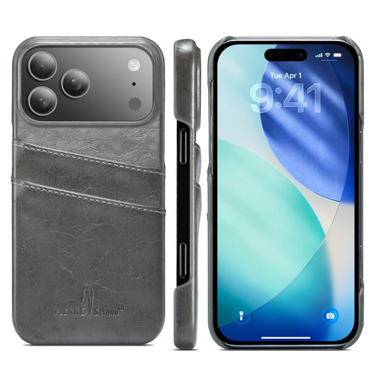 For iPhone 17 Pro Fierre Shann Retro Oil Wax Texture Card Slots PU Leather Phone Case(Grey)