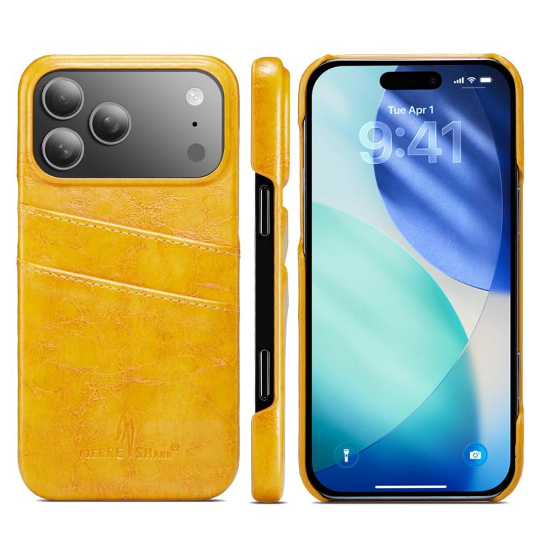 For iPhone 17 Pro Fierre Shann Retro Oil Wax Texture Card Slots PU Leather Phone Case(Yellow)