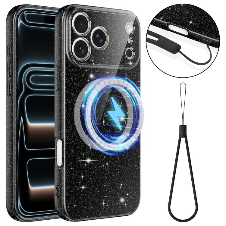 For iPhone 17 Pro Fine Hole Glossy Glitter Magnetic TPU Phone Case with Same Color Hand Strap(Black)