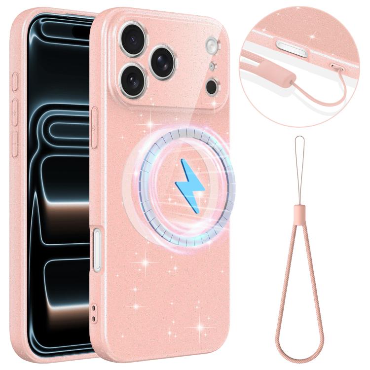 For iPhone 17 Pro Fine Hole Glossy Glitter Magnetic TPU Phone Case with Same Color Hand Strap(Pink)