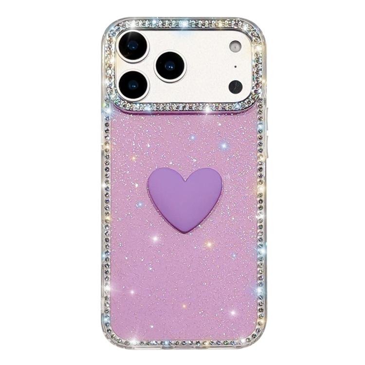 For iPhone 17 Pro Flash Rhinestone Double-sided IMD Love Heart Phone Case(Glitter Purple)
