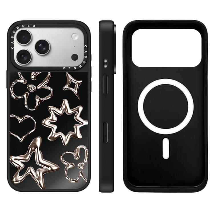 For iPhone 17 Pro Floating Man Series Pattern Mirror Magnetic Phone Case(Flowers Black)