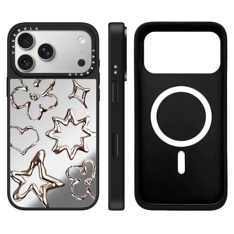 For iPhone 17 Pro Floating Man Series Pattern Mirror Magnetic Phone Case(Flowers Silver)