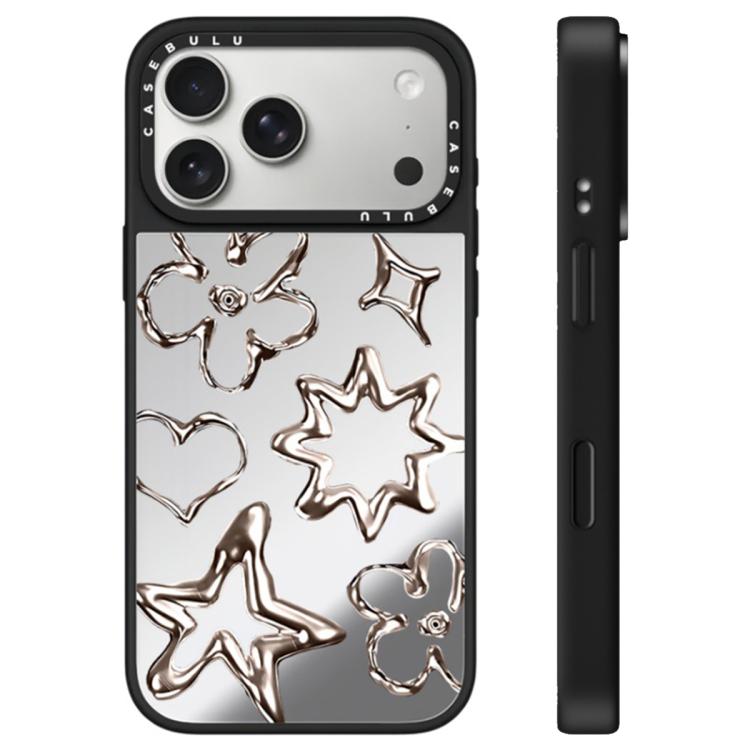 For iPhone 17 Pro Floating Man Series Pattern Mirror Phone Case(Flowers Silver)