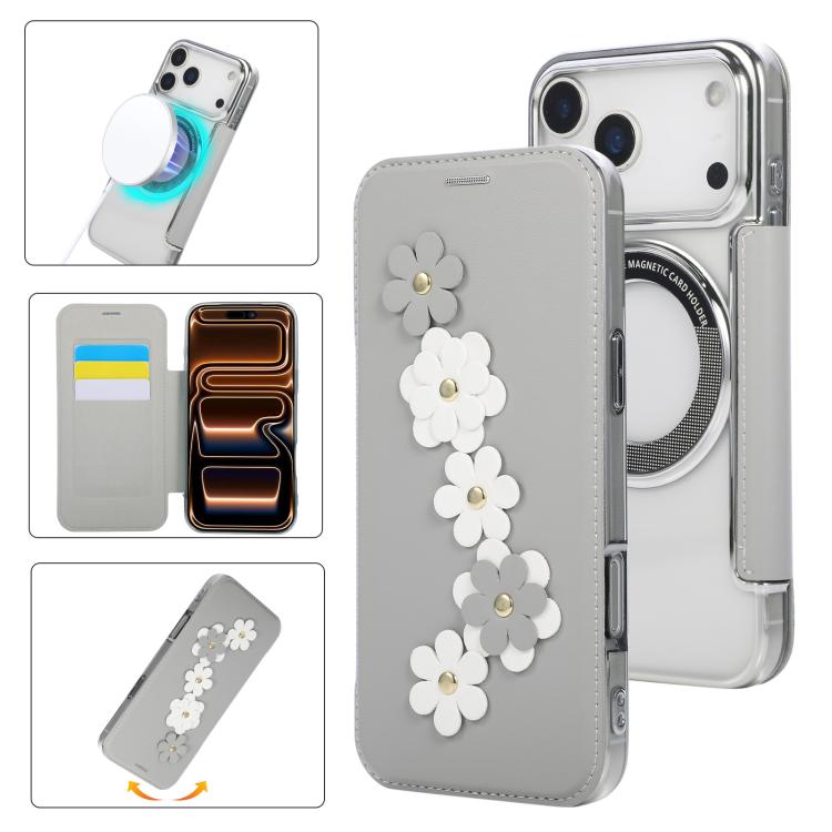 For iPhone 17 Pro Floral Magnetic Electroplated Card Holder Vegan Leather Phone Case(Grey White)