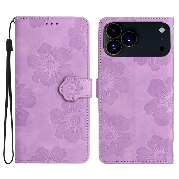 For iPhone 17 Pro Flower Embossing Pattern Leather Phone Case(Purple)