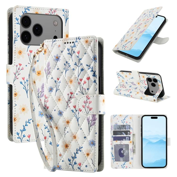 For iPhone 17 Pro Flower Pattern Buckle Leather Phone Case with Lanyard(Blue Flowers)