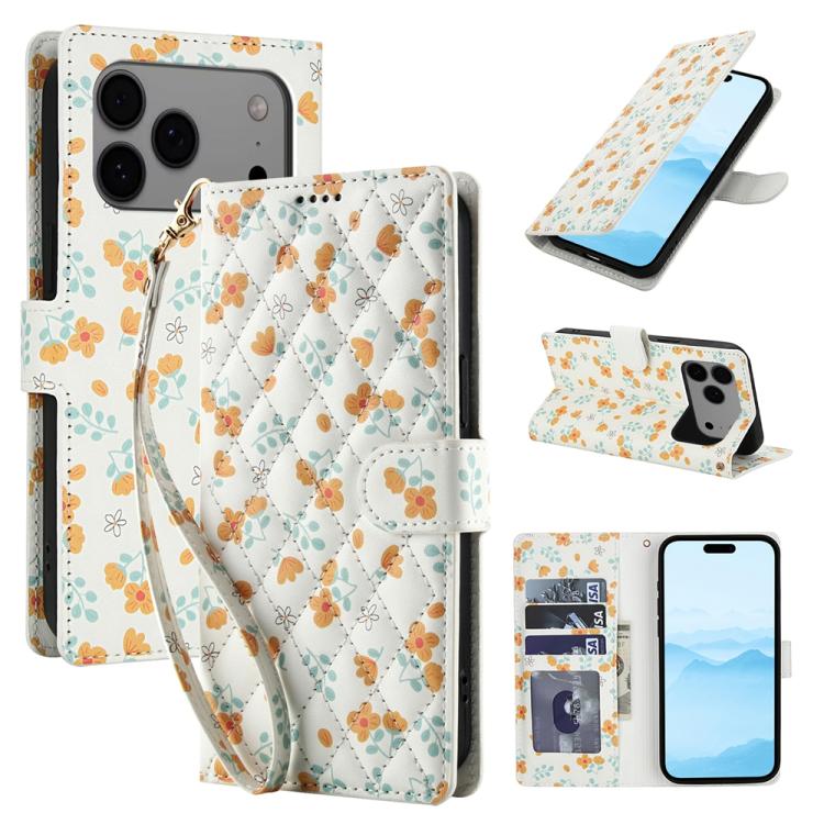 For iPhone 17 Pro Flower Pattern Buckle Leather Phone Case with Lanyard(Orange Flowers)