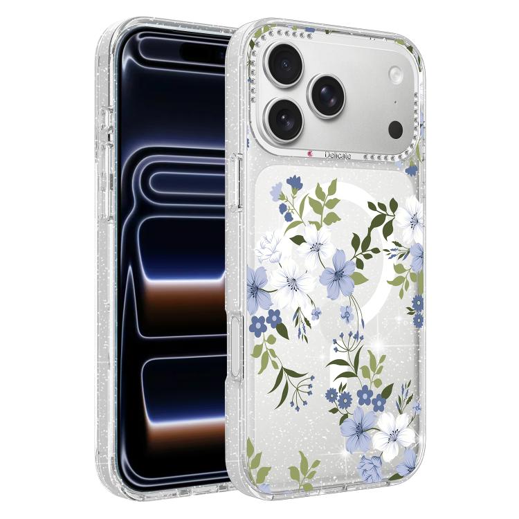 For iPhone 17 Pro Flower Pattern IMD Glitter Magnetic Phone Case(Bluebell Flower)