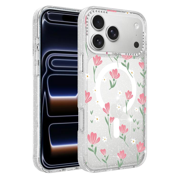 For iPhone 17 Pro Flower Pattern IMD Glitter Magnetic Phone Case(Cherry Blossom Bouquet)