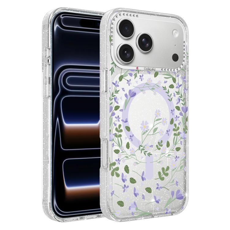 For iPhone 17 Pro Flower Pattern IMD Glitter Magnetic Phone Case(Purple Ivy)