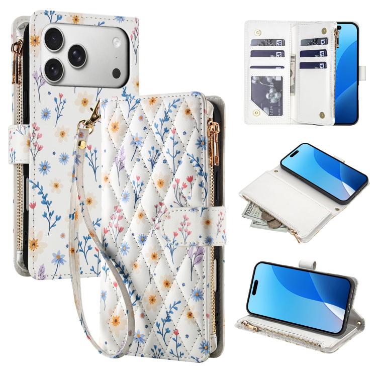 For iPhone 17 Pro Flower Pattern Zipper Wallet Vegan Leather Phone Case with Lanyard(Blue Flowers)
