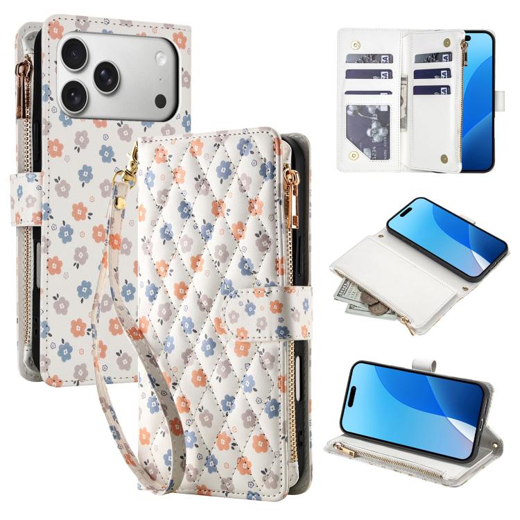 For iPhone 17 Pro Flower Pattern Zipper Wallet Vegan Leather Phone Case with Lanyard(Florals)
