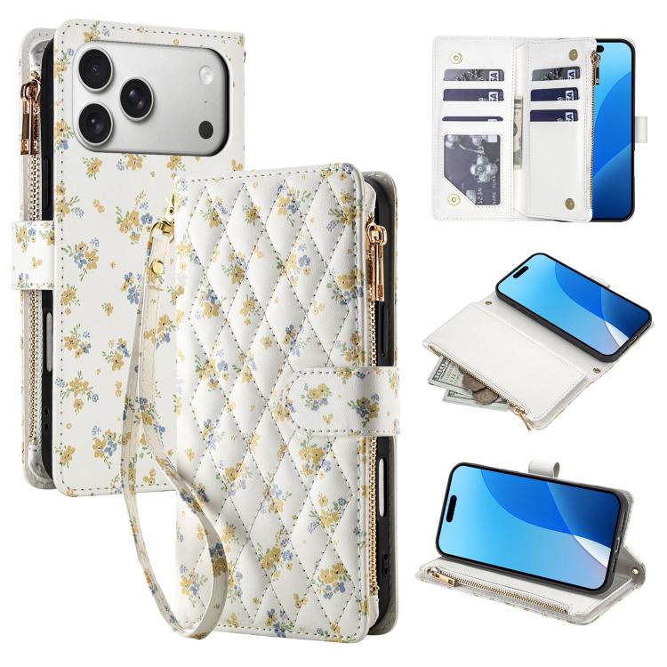 For iPhone 17 Pro Flower Pattern Zipper Wallet Vegan Leather Phone Case with Lanyard(Yellow Flowers)