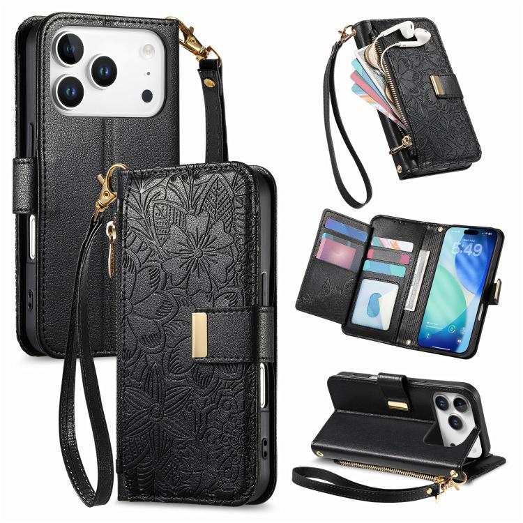 For iPhone 17 Pro Flowers Leaves Zipper Wallet Leather Phone Case with Strap(Black)
