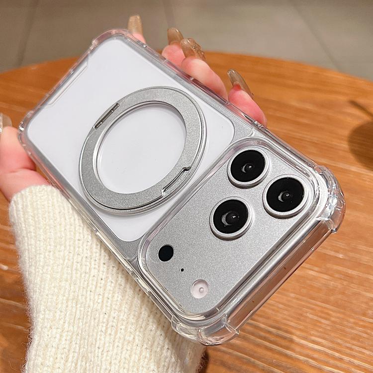 For iPhone 17 Pro Four Corner Shockproof Space Magnetic Phone Case with 360 Degrees Rotating Holder(Transparent)